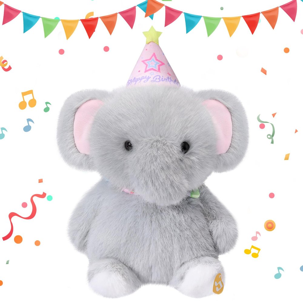 LLUKEME Birthday Elephant Plush Baby Toys, Clap Activated with Voice Recording, Singing Dancing Interactive Stuffed Animal, Easter Gift for Toddlers, Birthday Party Decor