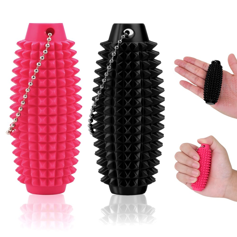 2pcs Little Ouchies Fidget Toys for Adults,Spiky Sensory Pain Stim Fidget 3D Printed Keychain for Anxiety Relief & Focus Positive Novelty Gifts for Friends (Black+Rose Red)