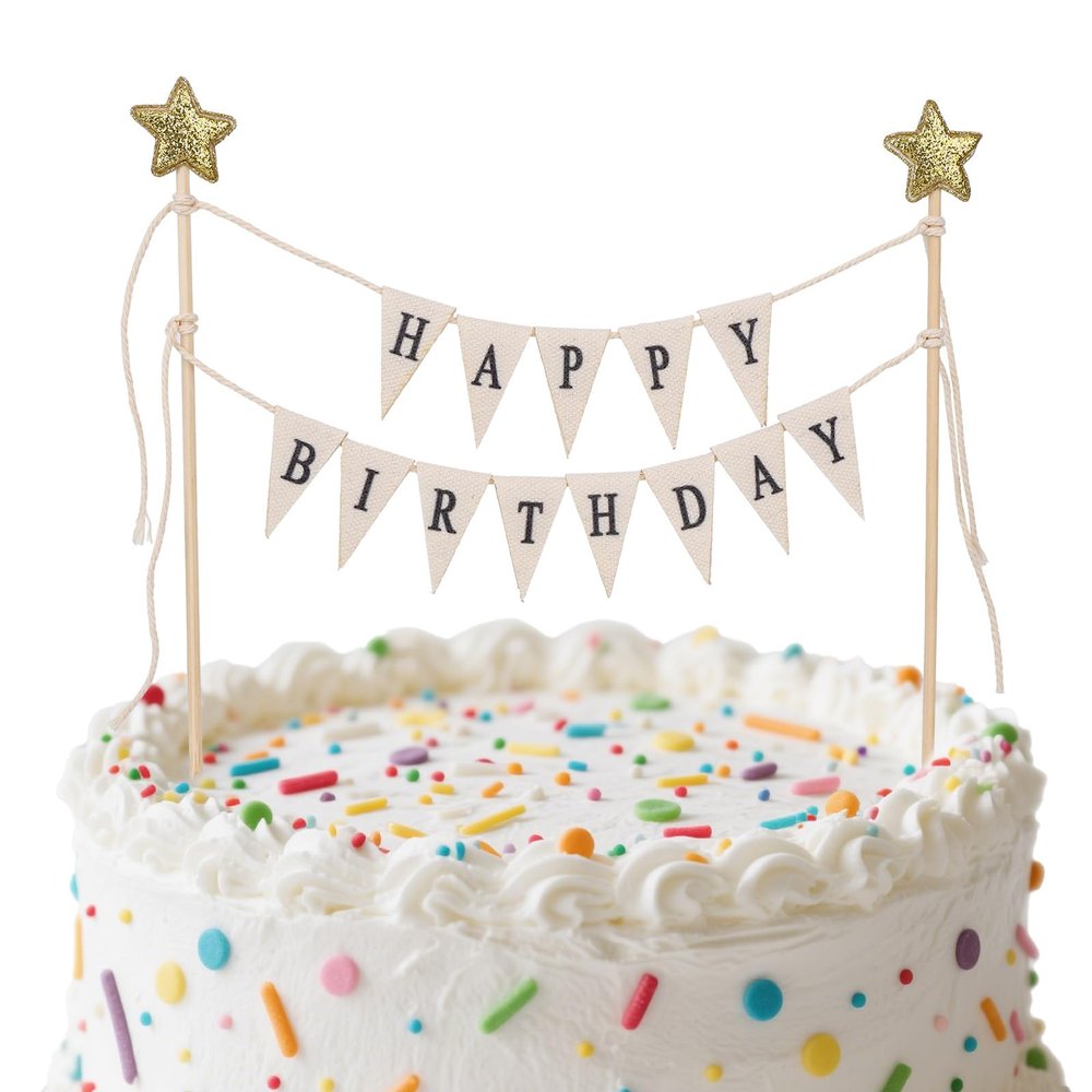 Happy Birthday Flag Banner Cake Topper, Handmade Pennant & Star Garland