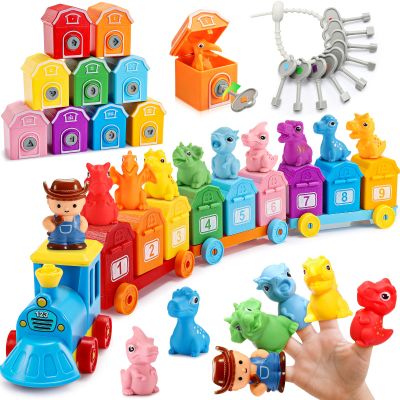 Toddler Montessori Learning Toys for 2 3 4 5 Year Old Boys, Kids Dinosaur Train Matching Toys with Locks & Keys | Counting & Sorting Trains Set, Preschool Toy Boy Girls Birthday Gifts Ages 2-4 3-5