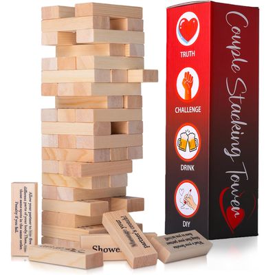 VKX 54 pcs Wooden Tumbling Tower Drinking Game, Block Stacking Game for Couples, Adult Date Night Blocks Best Gift for Couples- Ages 21+