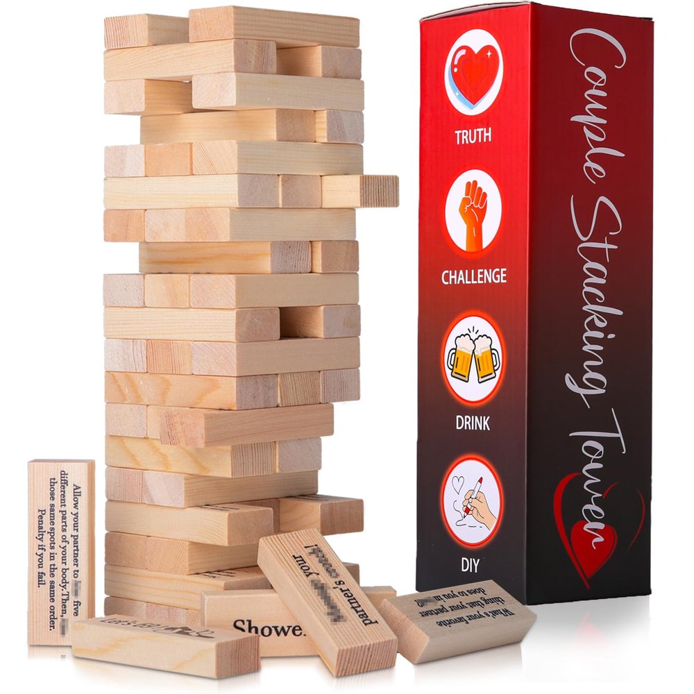 VKX 54 pcs Wooden Tumbling Tower Drinking Game, Block Stacking Game for Couples, Adult Date Night Blocks Best Gift for Couples- Ages 21+