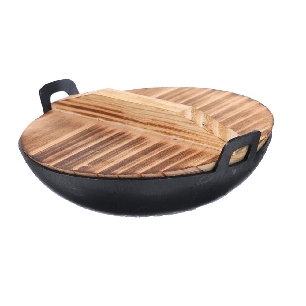 JECOMPRIS Mini Iron Wok with Lid Dual Handle Play Kitchen Accessory for Dollhouse Cooking Simulation Cooking Pan for Pretend Play Activities