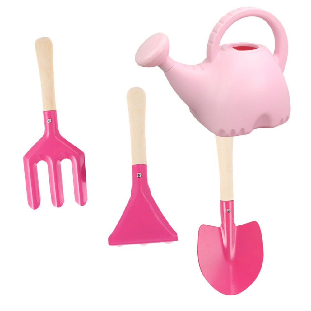 QUMIIRITY 4pcs Boy Girl Garden Watering Can Shovel Cartoon Flower Design Portable Wood Handle Planting Tools for Toddlers for Outdoor Gardening Activities