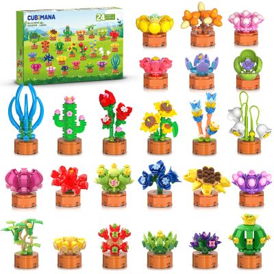 24 Pack Flowers Succulent Party Favors for Kids Building Set - 1012PCS Botanical Bonsai 3.6MM Mini Building Blocks Toy for Valentines Day Classroom Prize Stocking Stuffer Birthday Gift for Girl Boy 6+