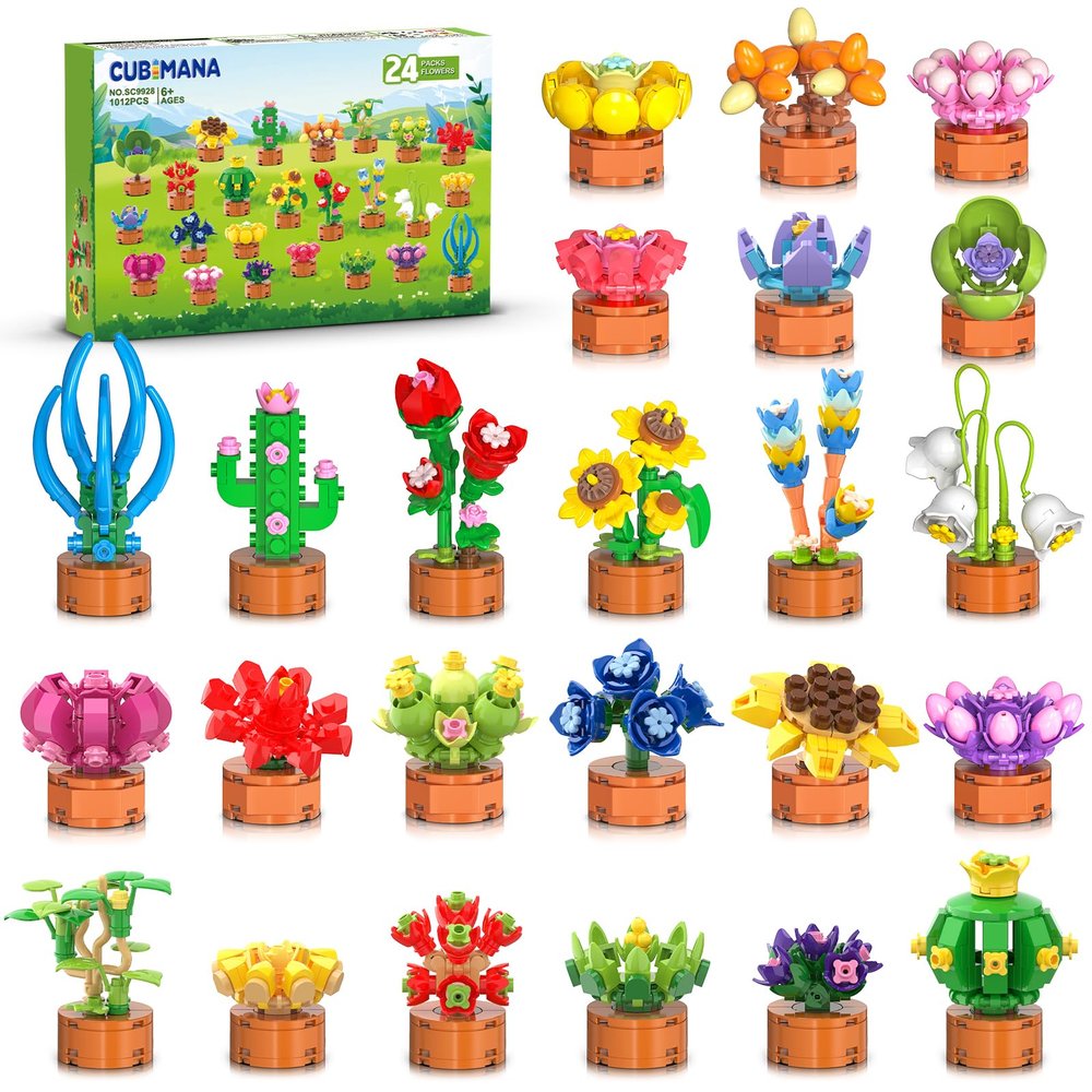 24 Pack Flowers Succulent Party Favors for Kids Building Set - 1012PCS Botanical Bonsai 3.6MM Mini Building Blocks Toy for Valentines Day Classroom Prize Stocking Stuffer Birthday Gift for Girl Boy 6+