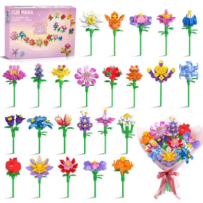 24 Pack Flowers Valentines Party Favors for Kids Building Set - 789PCS Flowers 3.6MM Mini Building Block Toy for Valentines Day Classroom Prize Stocking Stuffer Birthday Return Gift for Girl Boy 6+