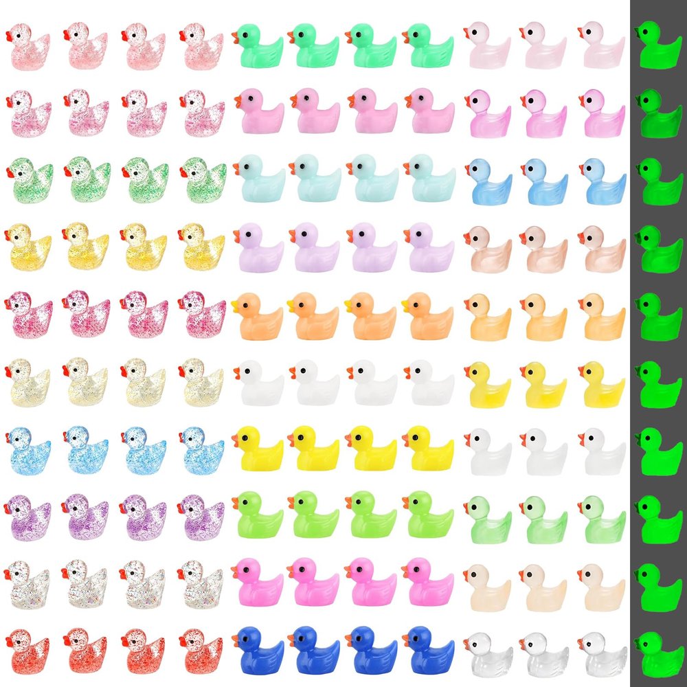 120pcs 3 Styles Mini Resin Ducks Tiny Luminous Glitter Duck Bulk Glow in The Dark Small Little Miniature Ducks Plastic Figures for Dollhouse Decor Micro Garden Home Landscape Aquarium Hide Craft Gift