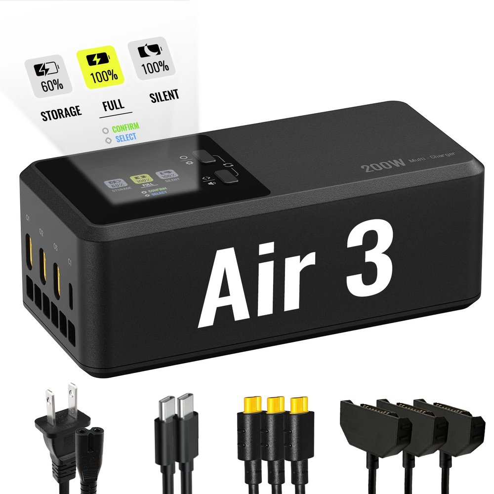LKTOP 200W Air 3/Air 3S Parallel Charging Hub Fast Battey Charger Kit for DJI/Specta Air3 Series Drone Accessories, 60% Storage/Silent/Output Mode, LCD Screen Display (Charge 3 Batteries: 1hr 10min)