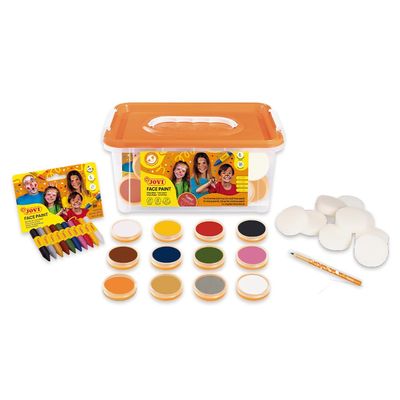 Jovi - Face Paint Schoolpack set 12 jars 8ml with assorted colors + cosmetic pencil + 8 sponges, body paint, make up