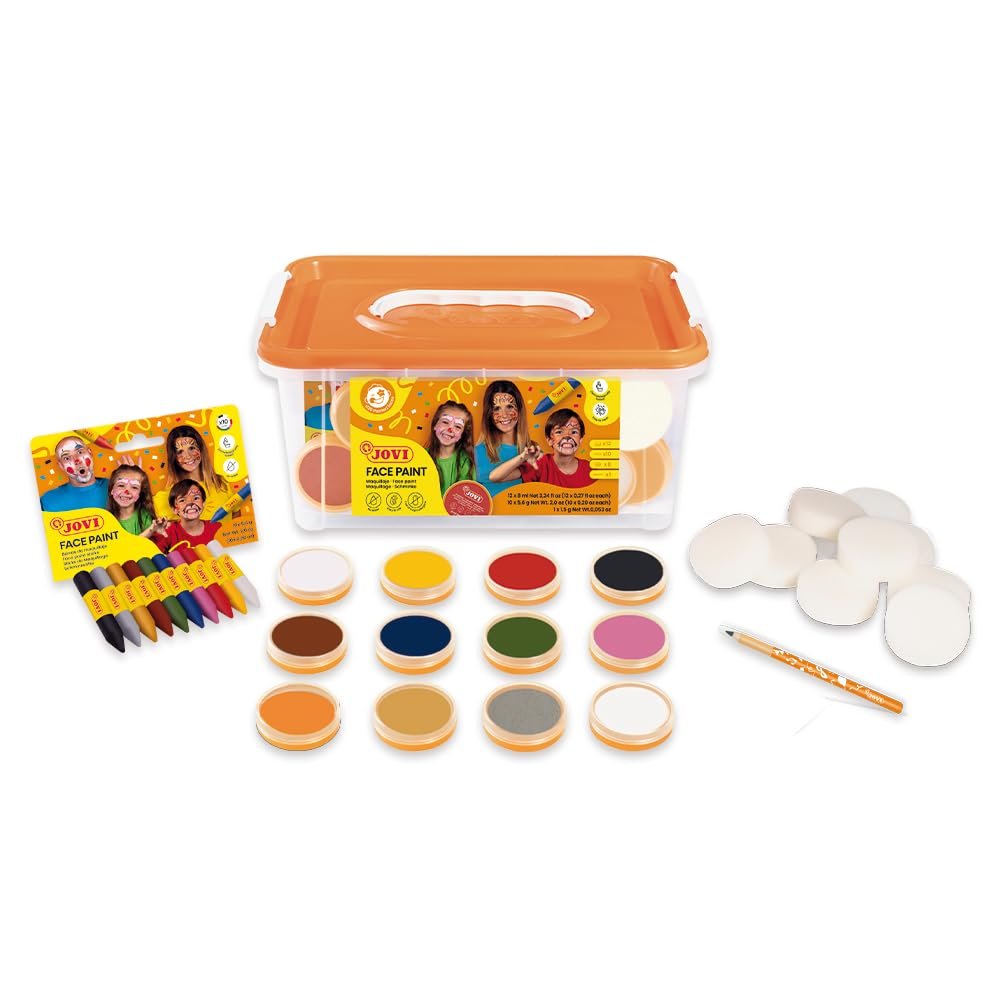 Jovi - Face Paint Schoolpack set 12 jars 8ml with assorted colors + cosmetic pencil + 8 sponges, body paint, make up