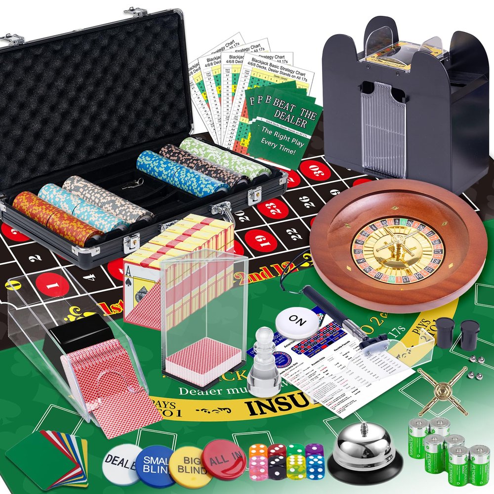 5 in 1 Super Pro Casino Game Set: Blackjack/Texas Hold'em/Roulette/Craps/Poker Kit, 10" Wooden Roulette Wheel, Carrying Case with 300 Clay Chips, 6 Deck Shuffler, 2 Double-Sided Rubber Mat And More