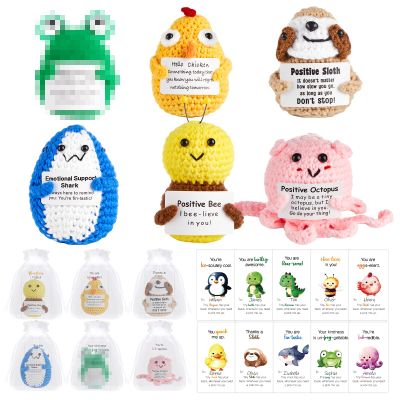 20 Sets Positive Crochet Animal Toy Gift Bulk with Motivational Pun Cards Cute Duck Shark Inspirational Knitted Doll Coworker Appreciation Gift Funny Emotional Support Present for Students Employee