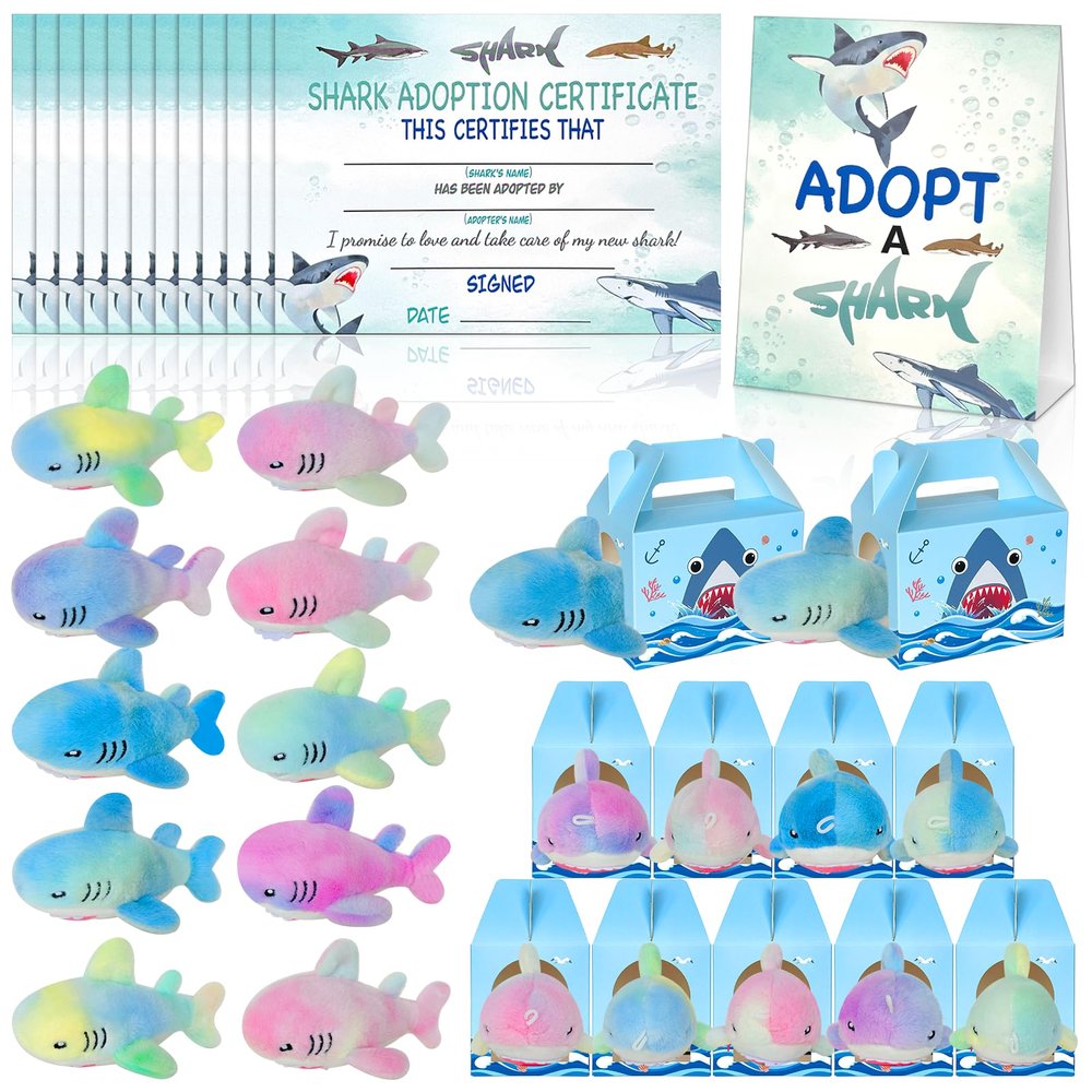 37 Pcs Adopt A Shark Party Favors Adopt Ocean Animal Set Includes 12 Mini Plush Sharks 12 Shark Theme Boxes 1 Sign 12 Adoption Cards Suitable for Kids Shark Week Adoption Ocean Animal Theme Party