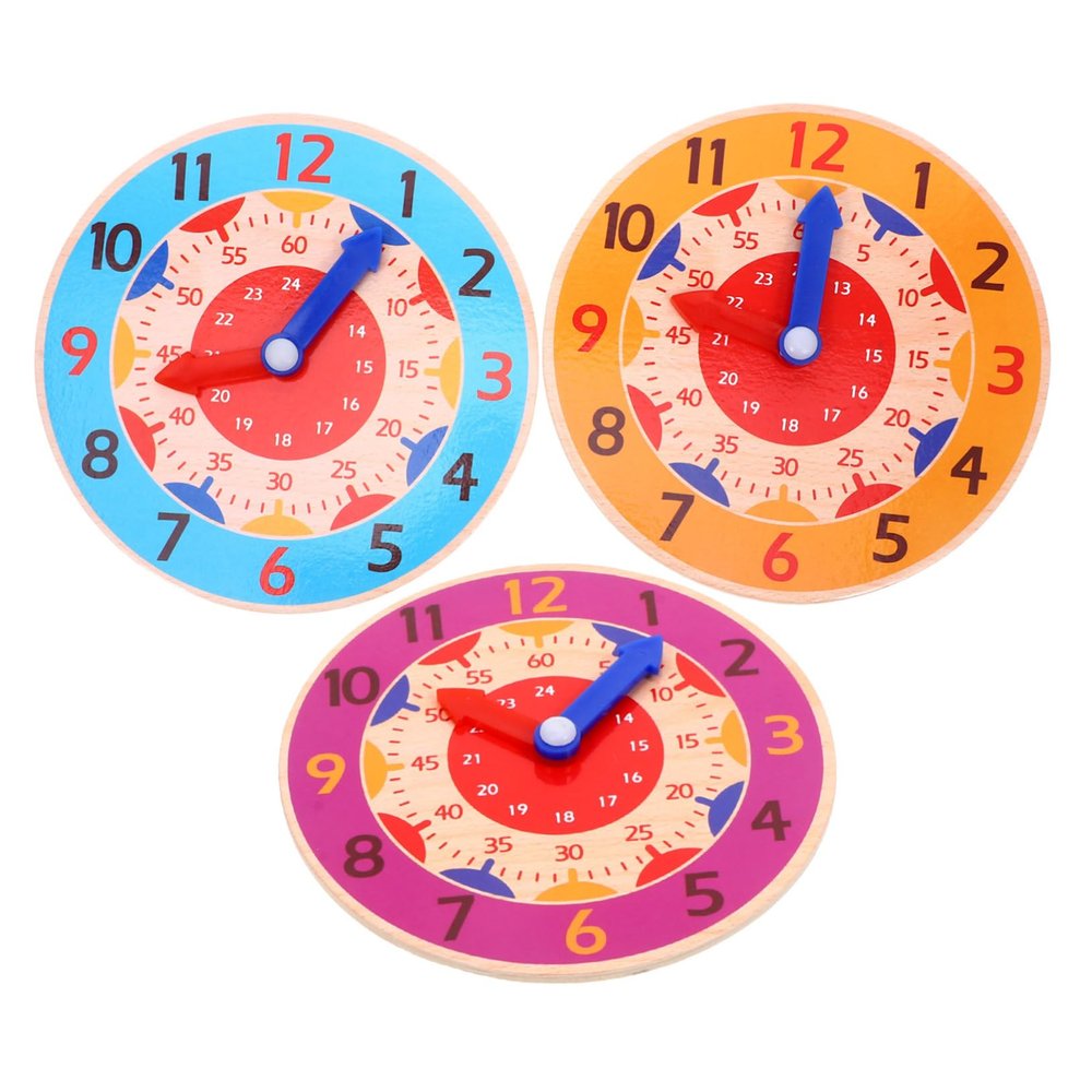 Kisangel 3pcs Boy Girl Educational Wooden Clock Toy for Learning Color Recognition Family Interaction Safe and Lightweight Montessori Teaching Aid