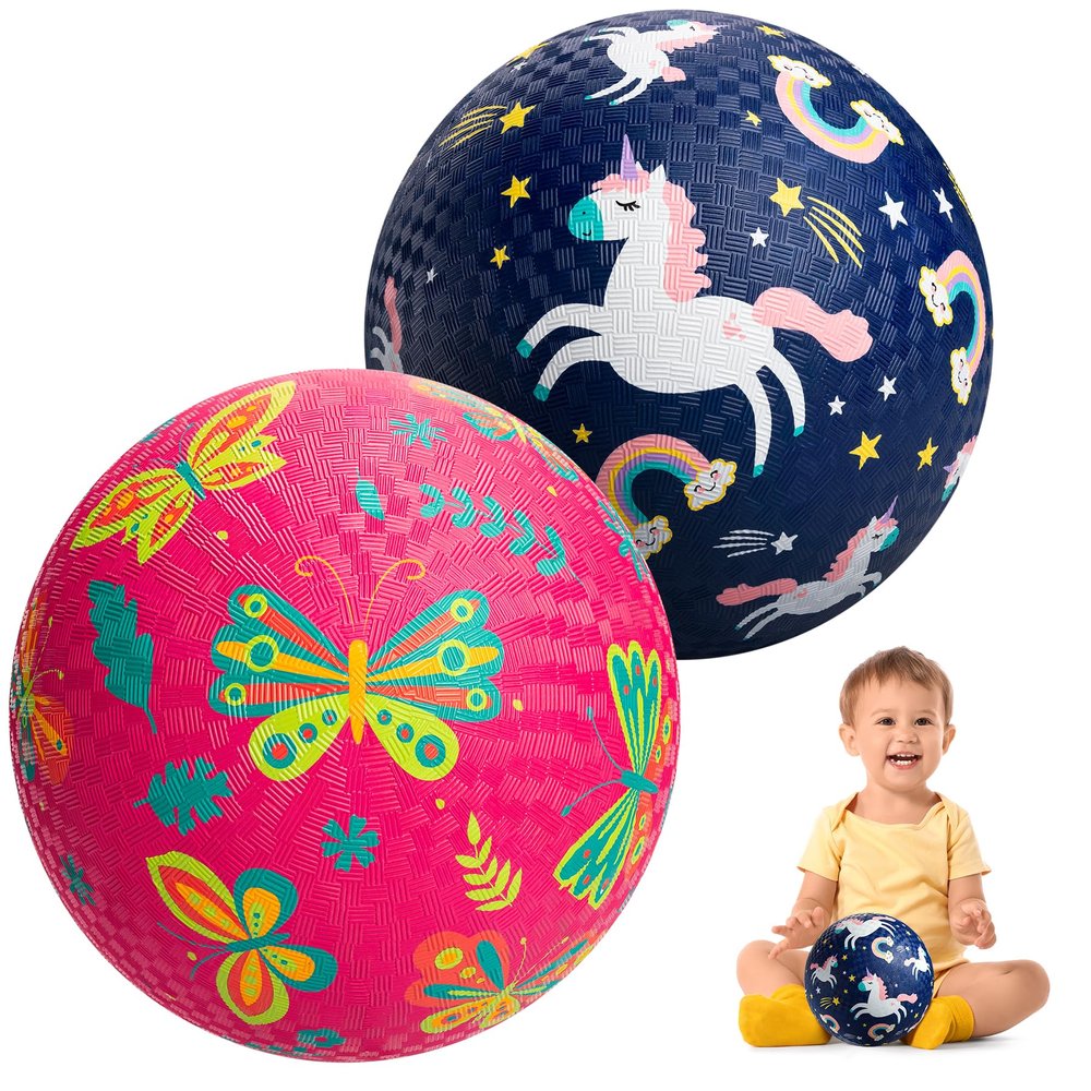 U&C Planet Playground Balls for Toddler 1-3, 2 Pack 6 inches Rubber Balls with Pump, Kickball Outdoor Indoor Game for Kids 1-5 Years, Catoon Balls with Unicorn Butterfly for Boys Girls