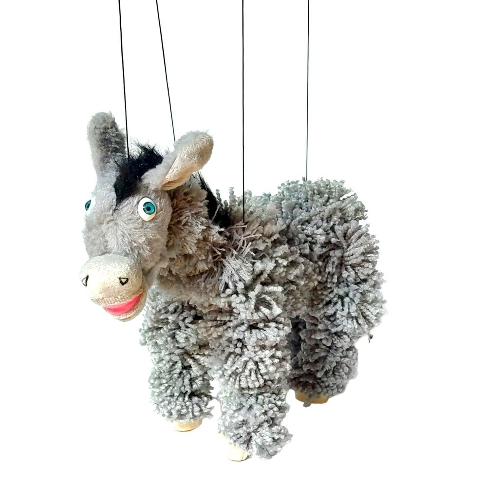 Artisan Owl Donkey Marionette Puppet - Yarn Donkey with Wooden Feet, Detachable Strings