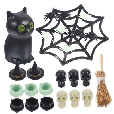 Garneck 25Pcs Halloween Miniature Figurines Mini Resin Skull Head Cauldron Black Cat Witch Hat Broom Craft Decorations for Halloween Dollhouse Table Decorations