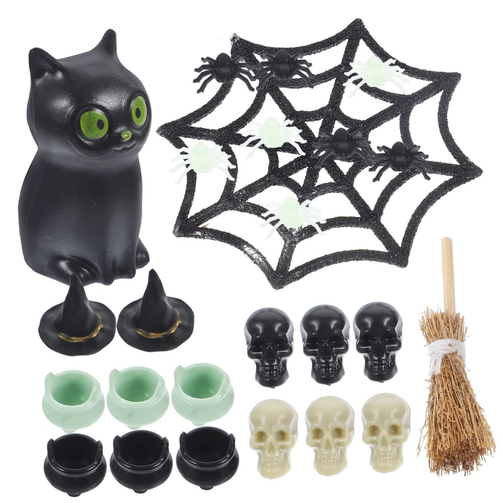Garneck 25Pcs Halloween Miniature Figurines Mini Resin Skull Head Cauldron Black Cat Witch Hat Broom Craft Decorations for Halloween Dollhouse Table Decorations