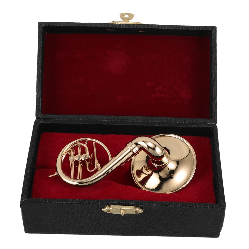 Abaodam Miniature French Horn Model Brass Musical Instrument Ornament with Stand for Music Collectors and Home Decor Intricate Detailing Compact Design