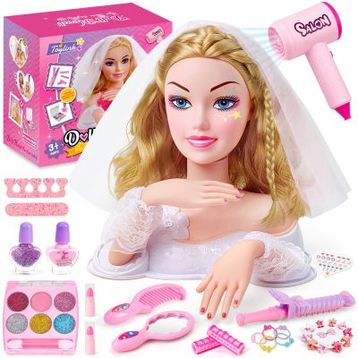 Toylink Doll Head for Hair Styling Kids Makeup Set, Blonde Bride Beauty Stylist Pretend Play Toy With Bridal Veil/ Hairdryer/ Curling Iron, Hair Salon Toy Birthday Gift For Girl 3 4 5 6 7 8+ Years Old