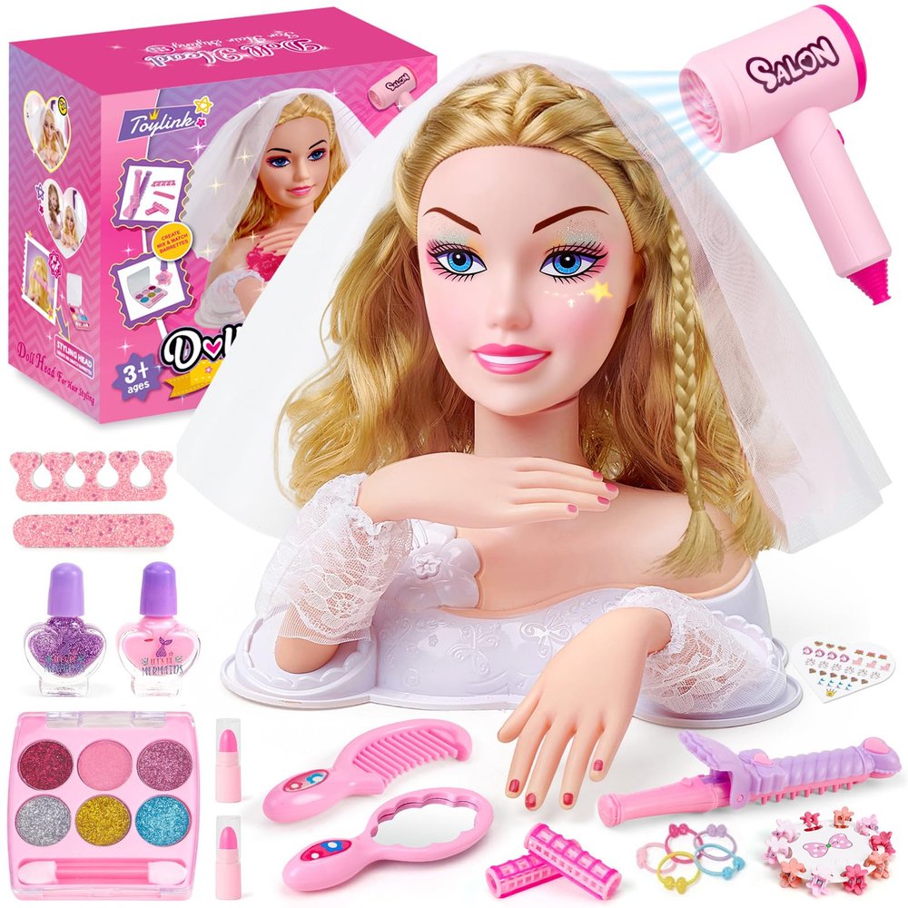 Toylink Doll Head for Hair Styling Kids Makeup Set, Blonde Bride Beauty Stylist Pretend Play Toy With Bridal Veil/ Hairdryer/ Curling Iron, Hair Salon Toy Birthday Gift For Girl 3 4 5 6 7 8+ Years Old