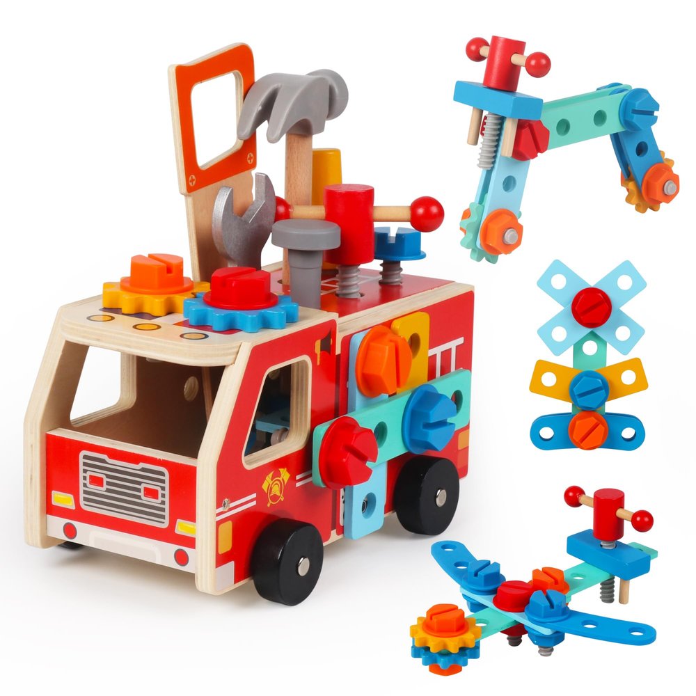 Toddler Tool Kit - 33 PCS Montessori Toddlers Tool Box, Kids Pretend Play Tools Set Age 2-4, STEM Educational Toys for Age 3, Wooden Construction Toy, Boys Birthday Gift 2,3,4,5 Year Old (Fire Engine)