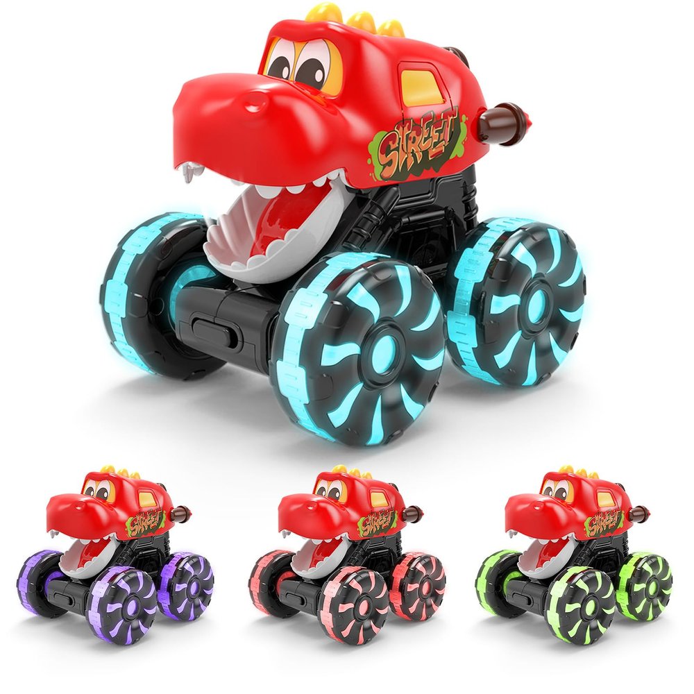 Intoypad Red Chomping Dino Monster Truck Toy  Press and Go Car with LED Light Wheels  Light-Up Push Car for Toddlers Boys Girls Ages 2 3 4 5  Dinosaur Toy with Moving Mouth Action