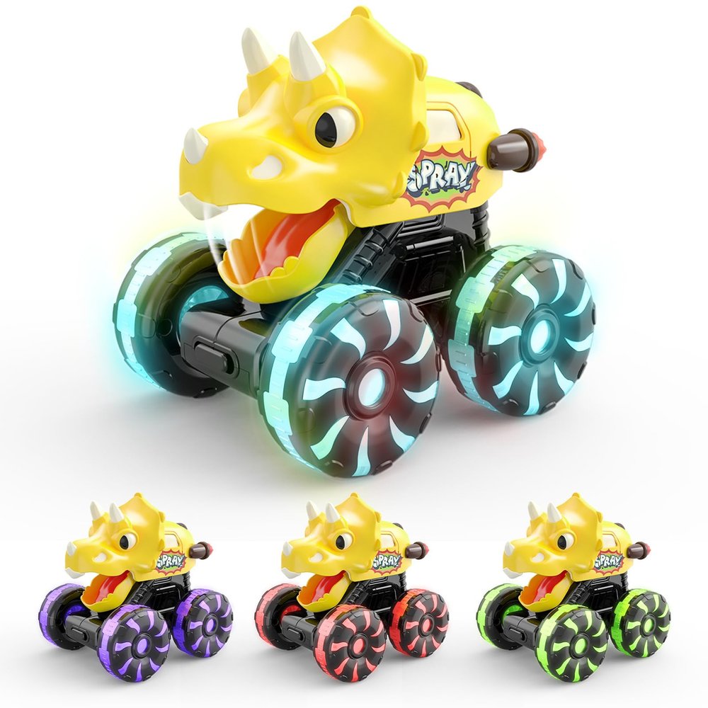 Intoypad Yellow Triceratops Dino Monster Truck  Toddler Push Car Toy with LED Wheels  Press & Go Dinosaur Toy Vehicle for Kids Ages 2 3 4 5  Chomping Mouth Light-Up Action Toy for Boys Girls