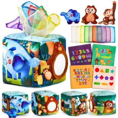 JKHEPL Baby Toys 6-12 Months - Baby Tissue Box Toy for 6 9 12 18 Months Old Montessori Sensory Toys for 1 Year Old Boy Infant Scarf Toy with Crinkle Tissues & Fine Motor Easter Basket Stuffers