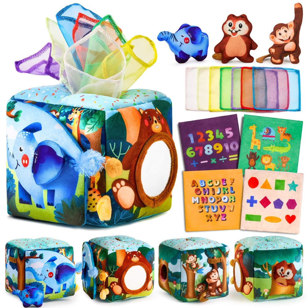 JKHEPL Baby Toys 6-12 Months - Baby Tissue Box Toy for 6 9 12 18 Months Old Montessori Sensory Toys for 1 Year Old Boy Infant Scarf Toy with Crinkle Tissues & Fine Motor Easter Basket Stuffers