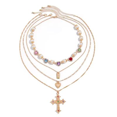 5 * 4cm Heart Imitation Pearl Chain Necklace Women Jesus Cross Pendant Choker,Gold,41+7cm