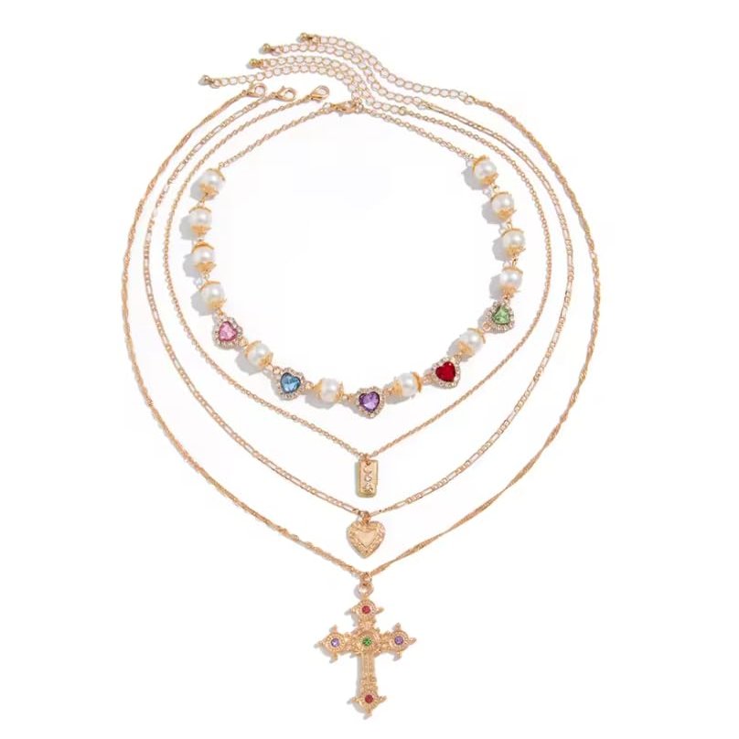 5 * 4cm Heart Imitation Pearl Chain Necklace Women Jesus Cross Pendant Choker,Gold,41+7cm