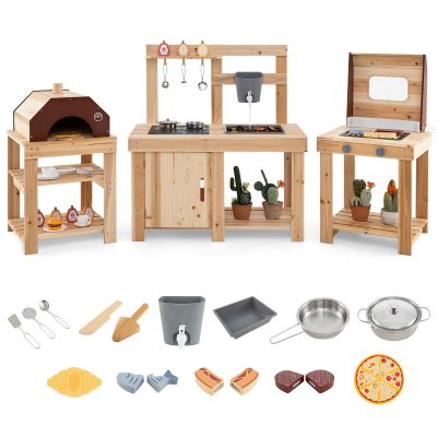 Costzon 3-Piece Mud Kitchen, Fir Wooden Play Kitchen & BBQ Grill Playset & Pizza Oven, 14 Toy Food & Cooking Accessories, Sink, Stoves, Outdoor Mud Table for Kids 3+ Years