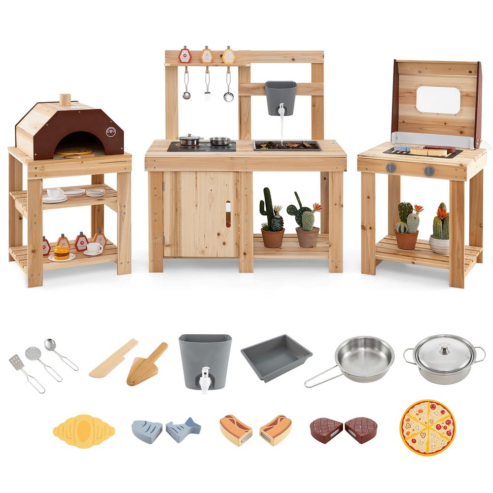 Costzon 3-Piece Mud Kitchen, Fir Wooden Play Kitchen & BBQ Grill Playset & Pizza Oven, 14 Toy Food & Cooking Accessories, Sink, Stoves, Outdoor Mud Table for Kids 3+ Years
