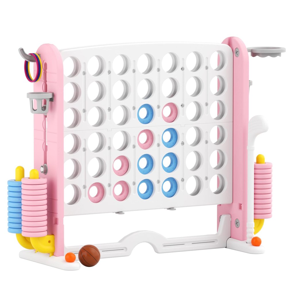 67i Large Outdoor 4-in-a-Row Game Set Adjustable Height  Giant Backyard Combo with Golf, Ring Toss, Basketball (Pink)