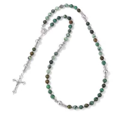 6/8mm Catholic Jesus Cross Bracelet Men Religious Rosary Bangle 50CM Natural Stone Bead Bracelet,African,50cm
