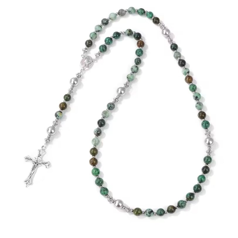 6/8mm Catholic Jesus Cross Bracelet Men Religious Rosary Bangle 50CM Natural Stone Bead Bracelet,African,50cm