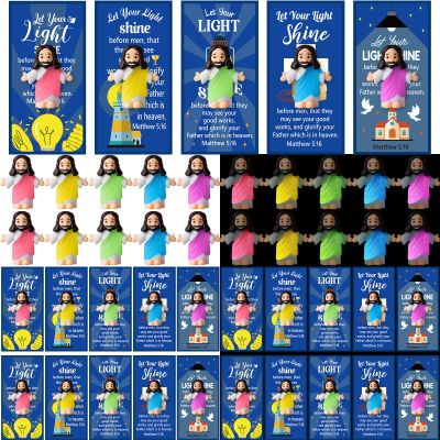 CroBlissful 50 Sets Little Jesus Figures Glow in The Dark with Let Your Light Shine Cards Luminous Mini Rubber Jesus Figurines Toys for Hide and Seek Sunday Religious Gift (Open Arms;Blue Card)