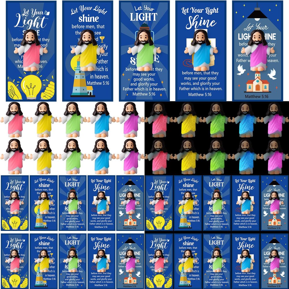 CroBlissful 50 Sets Little Jesus Figures Glow in The Dark with Let Your Light Shine Cards Luminous Mini Rubber Jesus Figurines Toys for Hide and Seek Sunday Religious Gift (Open Arms;Blue Card)