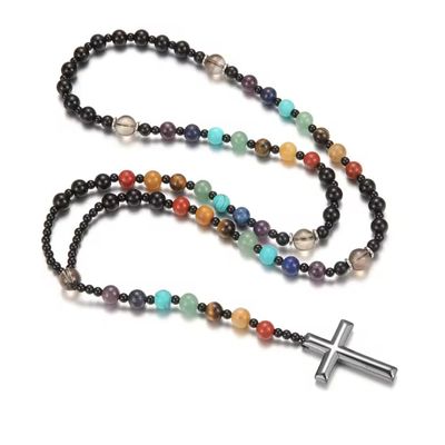 ZYIBPMSJKQCFK 8mm Beads Chakra Cross Pendant Necklace For Men And Women,black,76cm