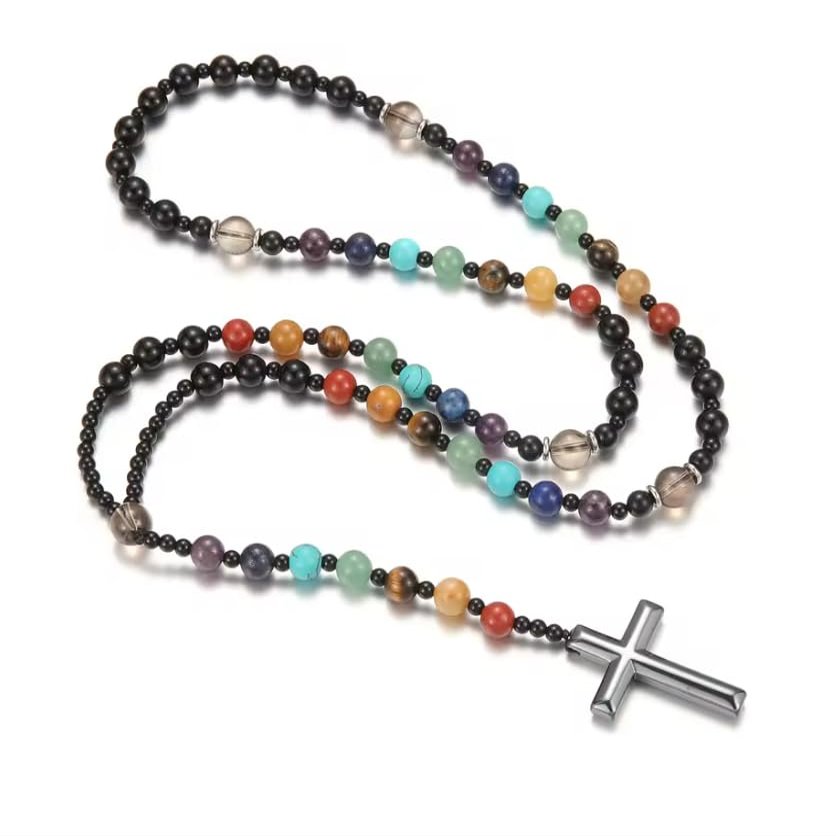 ZYIBPMSJKQCFK 8mm Beads Chakra Cross Pendant Necklace For Men And Women,black,76cm