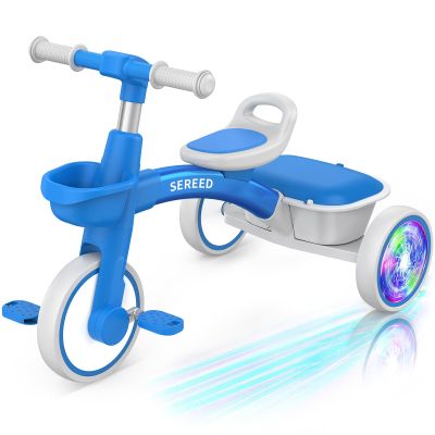 SEREED Colorful Lighting Toddler Tricycle for 2-5 Years Old Boys Girls, Adjustable Seat&Handlebar Trike, Removable Basket, Birthday Gift Idea for Kids Ages 2+ (Blue)
