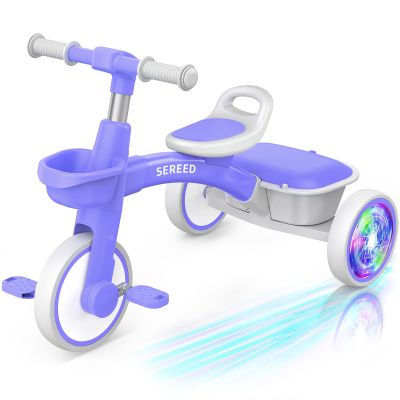 SEREED Colorful Lighting Toddler Tricycle for 2-5 Years Old Boys Girls, Adjustable Seat&Handlebar Trike, Removable Basket, Birthday Gift Idea for Kids Ages 2+ (Purple)