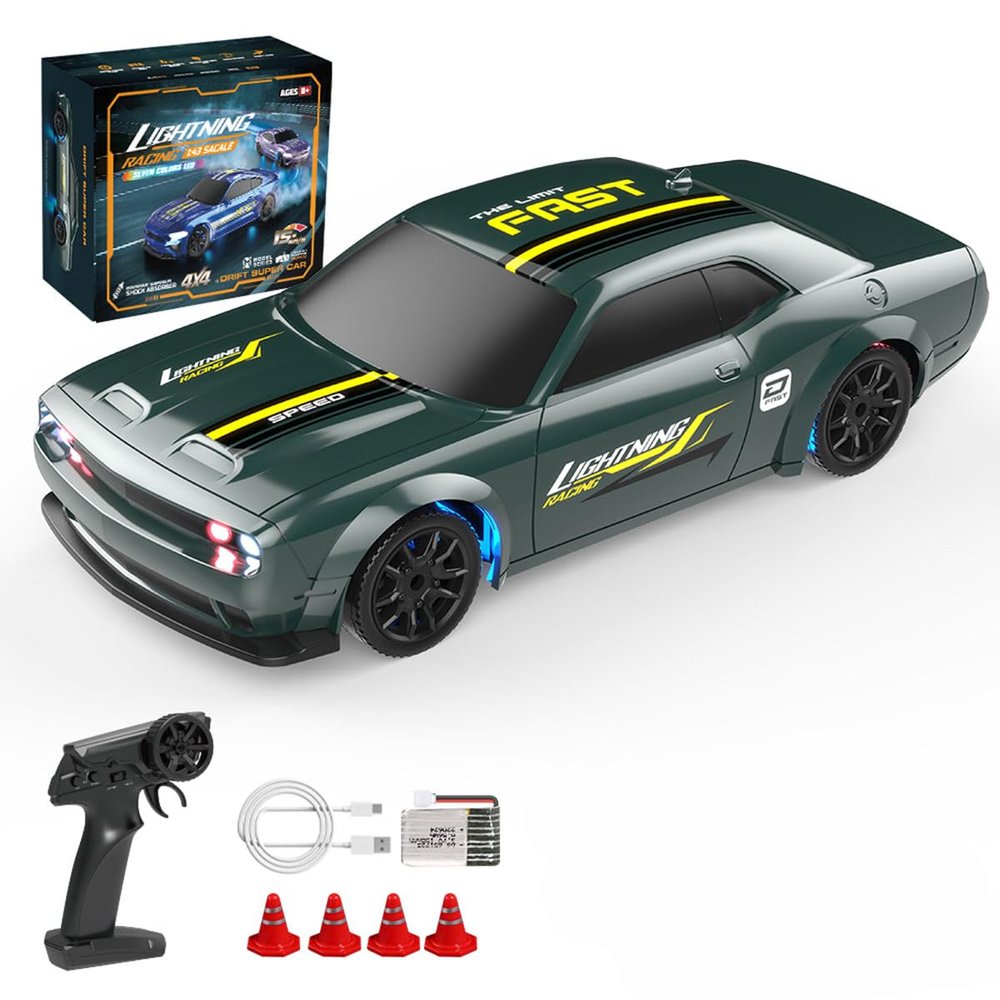 Aetheria RC Drift Car 1/43 Scale 4WD Full-Proportional Racing Car Radio Control High Speed Model with LED Lights, Mini Race Vehicle Ready to Go Without Gyro - Green