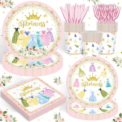 120PCS Princess Birthday Party Supplies Princess Themed Birthday Party Decorations for Baby Girls Babyshower Sweet Fairytale Tableware Set Dessert Plates Napkins Cups Set for 20 Guests