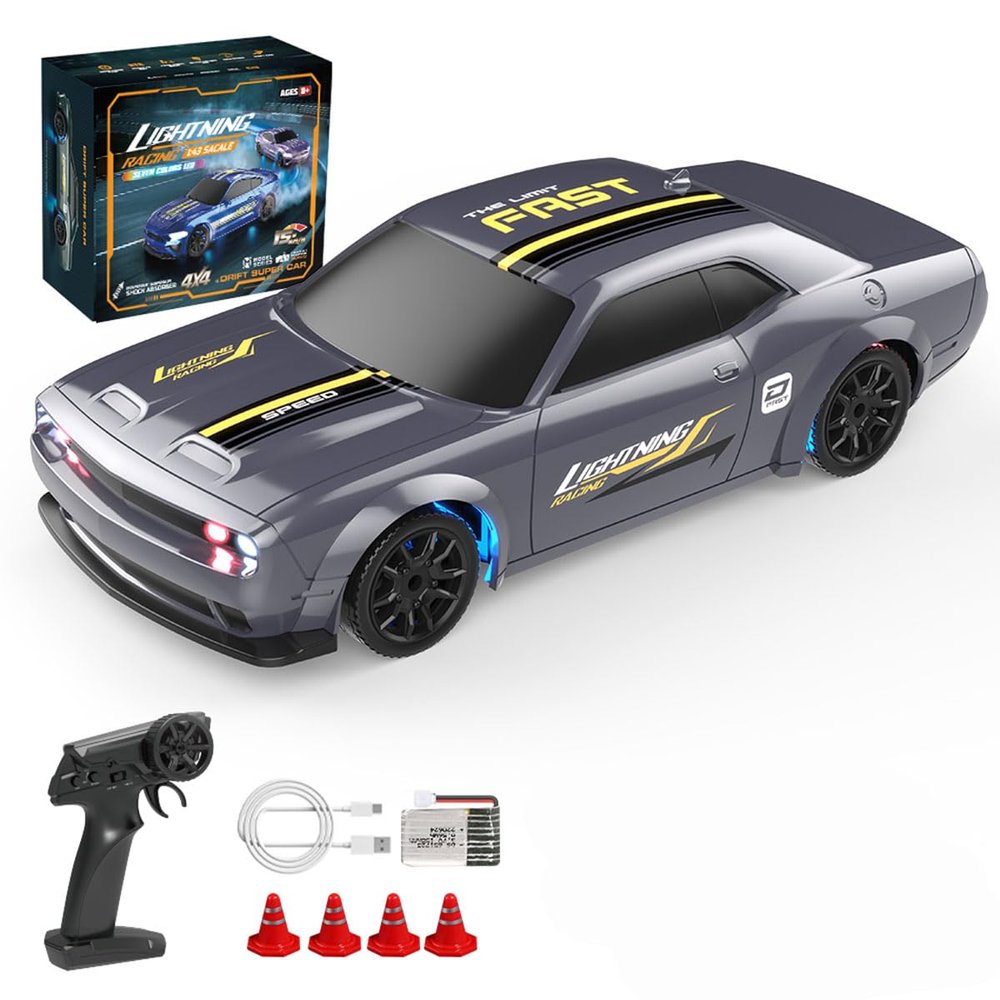 Aetheria RC Drift Car 1/43 Scale 4WD Full-Proportional Racing Car Radio Control High Speed Model with LED Lights, Mini Race Vehicle Ready to Go Without Gyro - Silver