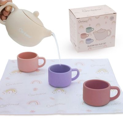 Ginbear Silicone Play Kitchen Tea Set with Washable Cloth Napkin for Little Girl Toddlers 1-3, Non-Toxic Unbreakable Baby Bath Toys for Children 12 Months+ (Ivory, Pink, Mauve, Lilac)