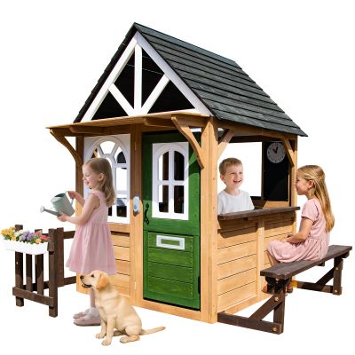 YOFE Kids Playhouse Outdoor, Wooden Play House Playset with Kitchen, Fence, Bench, Dog Door, Doorbell & Flower Pot,Fun Backyard Cottage for Ages 3-8 (Green)