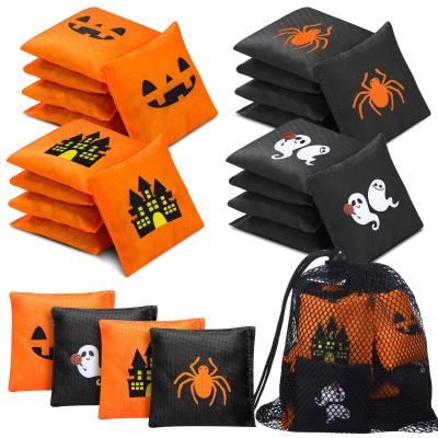 LaRandom 21 Pcs Cornhole Bean Bags for Halloween with Black Mesh Drawstring Bag 2 x 2 Inch Haunted House Ghosts Spiders Pumpkins Small Orange Black Beanbags for Toss Party Toy Halloween Throwing Games
